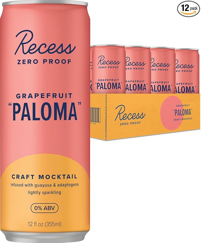 Recess Zero Proof Craft Mocktails, Alcohol Free Drinks, With Adaptogens, Non-Alcoholic Beverage Replacement, Mixer, Celebration, Party, (Grapefruit "Paloma", 12oz, Pack of 12)