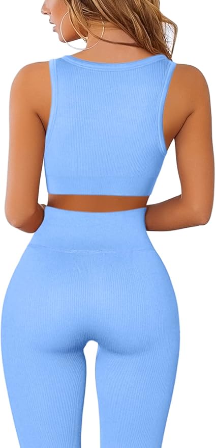 QINSEN Workout Outfits for Women 2 Piece Ribbed Seamless Crop Tank High Waist Yoga Leggings Sets