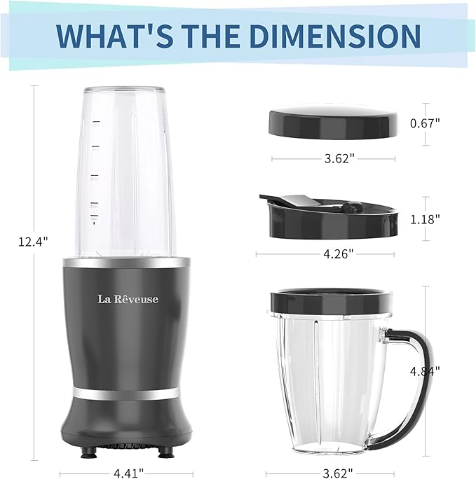 La Reveuse Personal Size Blender 250 Watts Power for Shakes Smoothies Seasonings Sauces with 1 Piece 15 oz Cup,1 Piece 10 oz Mug,BPA-Free (Black)