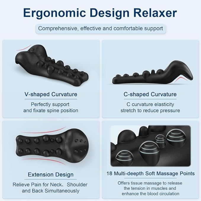 Neck and Shoulder Relaxer with Upper Back Massage Point, Cervical Traction Device Neck Stretcher for TMJ Pain Relief and Cervical Spine Alignment Chiropractic Pillow（Black）