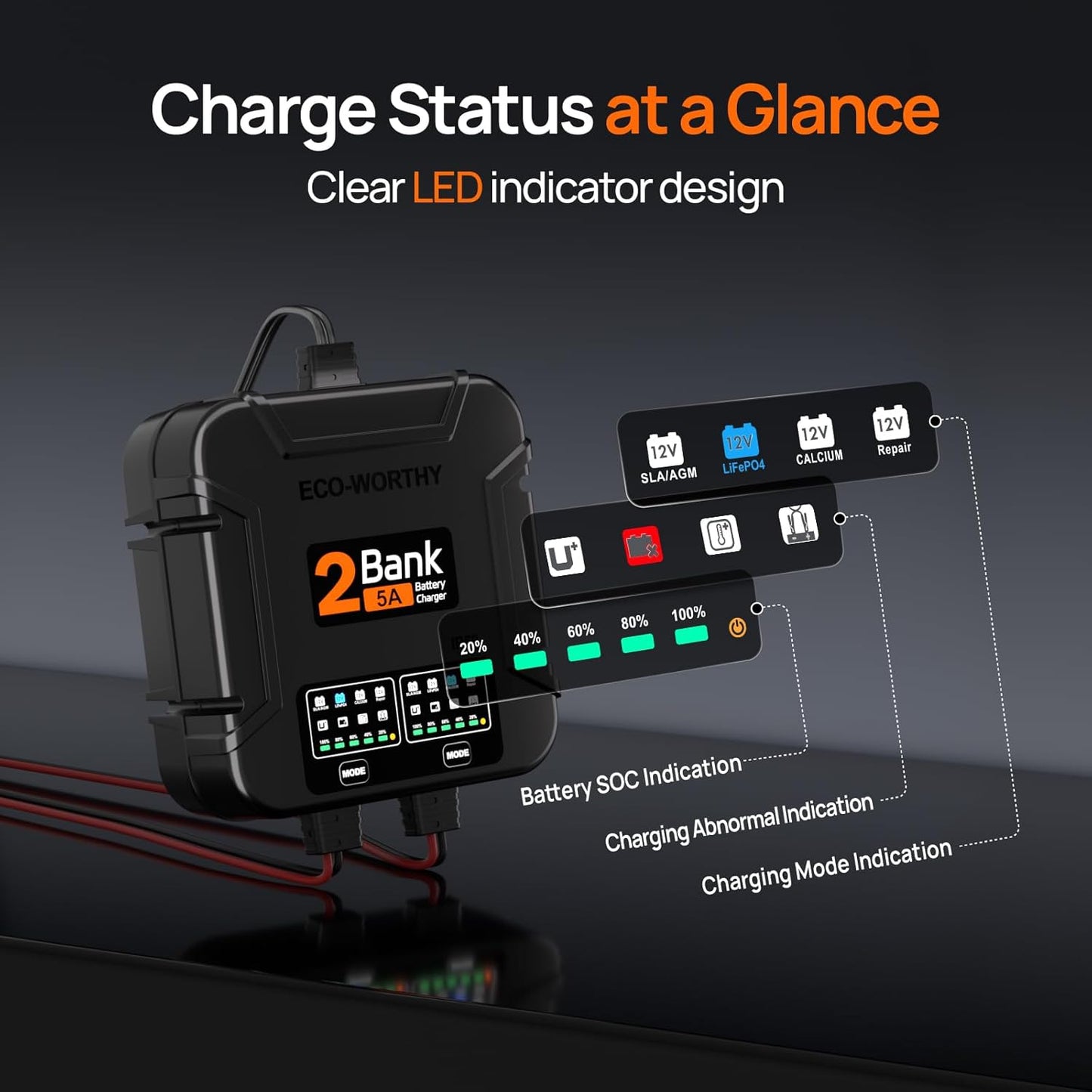 ECO-Worthy 2-Bank Marine Battery Charger 10A (5A/Bank), IP68 Waterproof 12V Charger & Maintainer for Boat RV Car, Lead-Acid LiFePO4 & Calcium Battery Desulfator