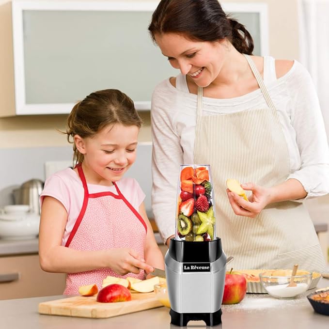 La Reveuse Personal Blender for Shakes and Smoothies 1000 Watt with 24 oz BPA-free Portable Travel Bottle, Dishwasher Safe (Silver)