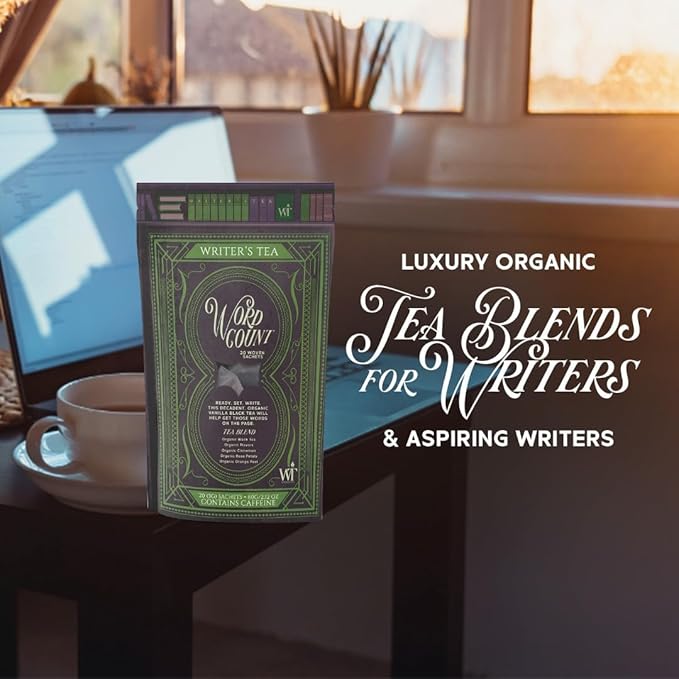 Writer's Tea Word Count - Energy Tea - Black Tea, Flavoring, Cinnamon, Rose Petals, and Orange Peel Tea Blend - Contains Caffeine - 20 Woven Sachets