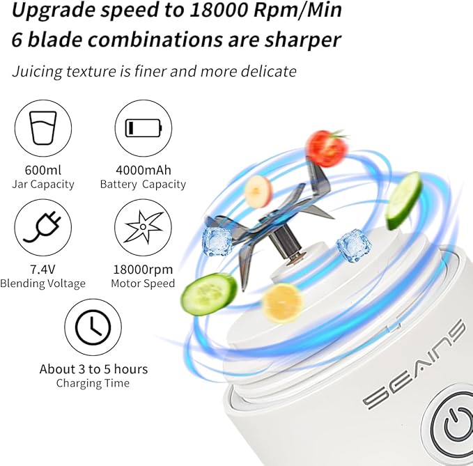 Portable Blender, Personal Blender for Shakes and Smoothies with 20 Oz Travel Cup and Lid, Mini Personal Size Blender with 6 Blades and USB Rechargeable for Gym, Kitchen and Outdoors (White)