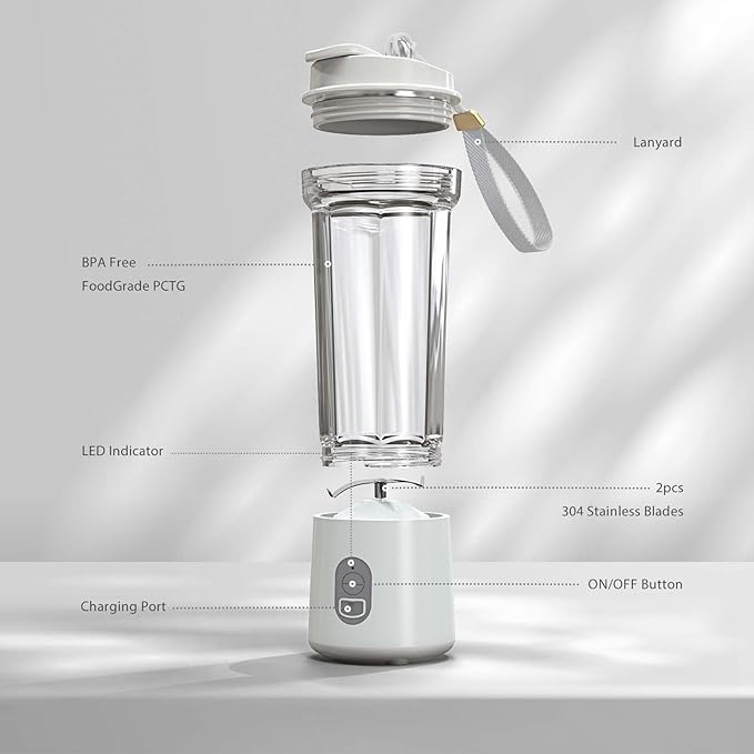 Portable Blender for Shakes and Smoothies 17Oz, Personal Blender 4000mAh USB Rechargeable, 500ml Portable Juicer for Kitchen/Travel/Gym(White)