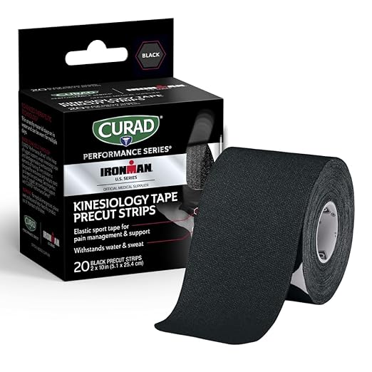 CURAD Performance Series IRONMAN Kinesiology Tape, Pain Management Technology, Sweat & Water-Resistant Athletic Tape, Compression Support for Joints & Muscles, Black, 2 x 10 inches, 1 Roll (20 Strips)