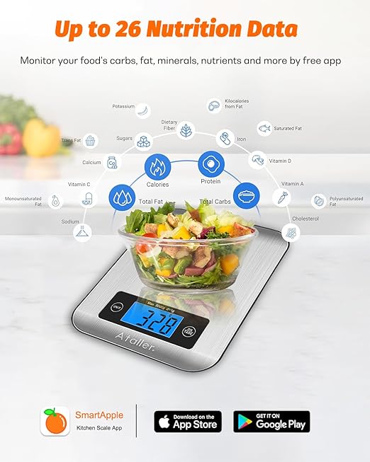 Ataller Smart Food Scales with Nutritional Calculator, Smartphone App with 26 Nutrients Tracking, Calorie, Marco, Digital Kitchen Weight Grams and Ounces for Weight Loss, 11 Pounds, Stainless Steel