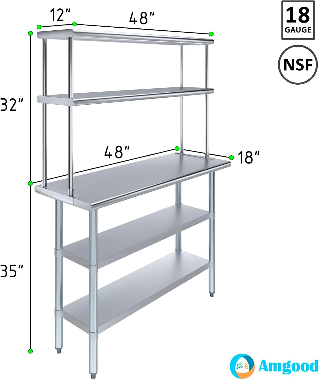 Amgood Stainless Steel Work Table with 2 Shelves | Metal Kitchen Prep Table & Shelving Combo (18" x 48" Table with 2 Shelves + 12" Overshelf)