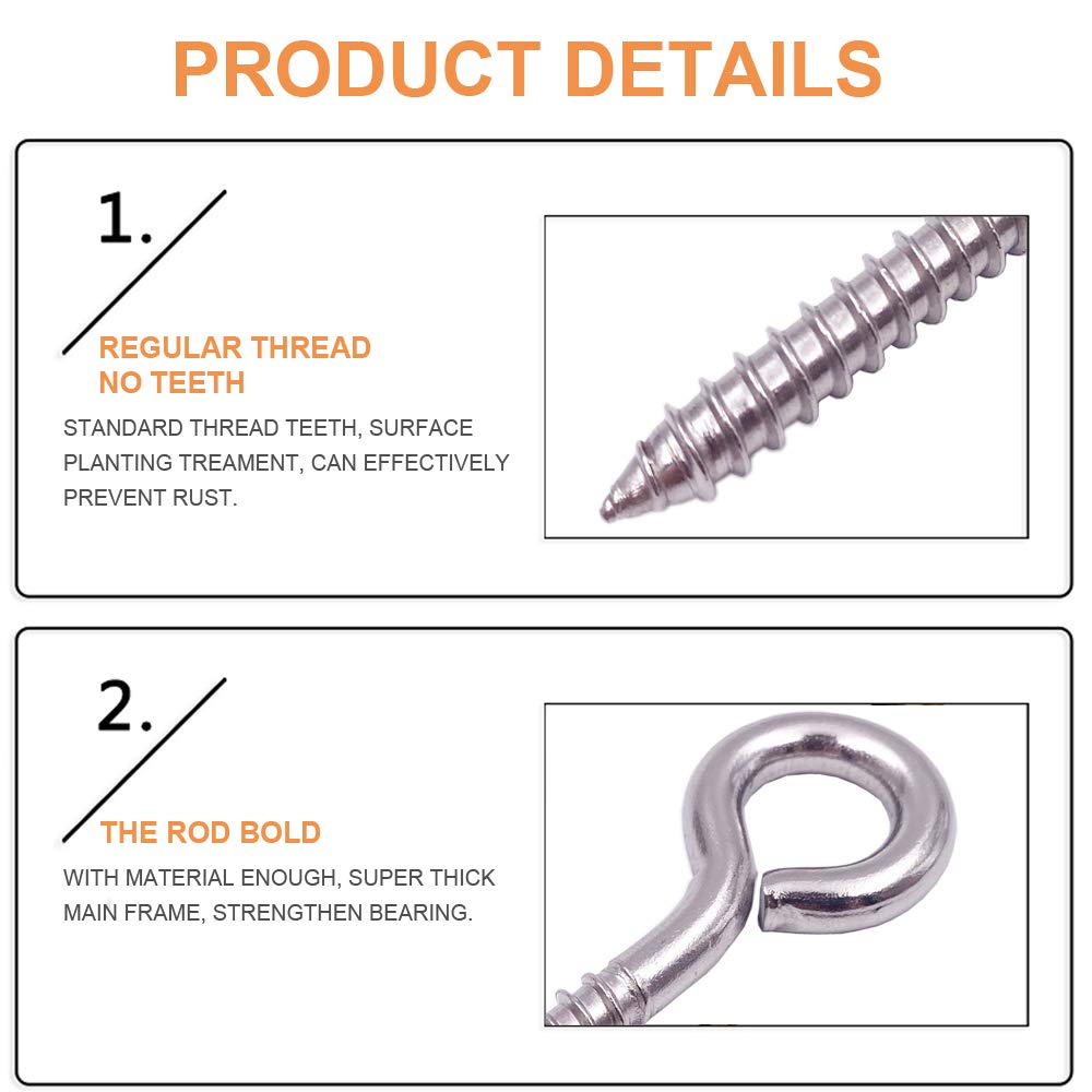 12-Pack 304 Stainless Steel Screw Eyes, Heavy Duty Screw in Eye Hooks Ring for Yoga, Swing Chair, Indoor & Outdoor, Self Tapping, 3.2"