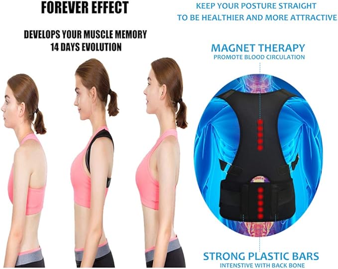 Thoracic Back Brace Posture Corrector - Magnetic Support for Neck Shoulder Upper and Lower Back Pain Relief - Perfect Posture Brace for Cervical Lumbar Spine - Fully Adjustable Belt (Black, Small)