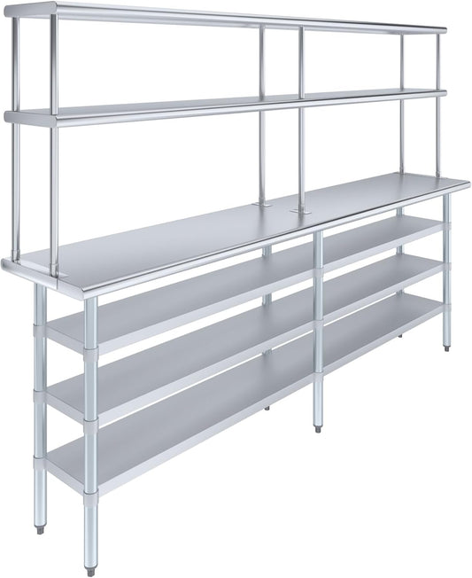 Amgood 18" x 96" Stainless Steel Work Table with 3 Shelves and 12" Wide Double Tier Overshelf | Metal Kitchen Prep Table & Shelving Combo | NSF