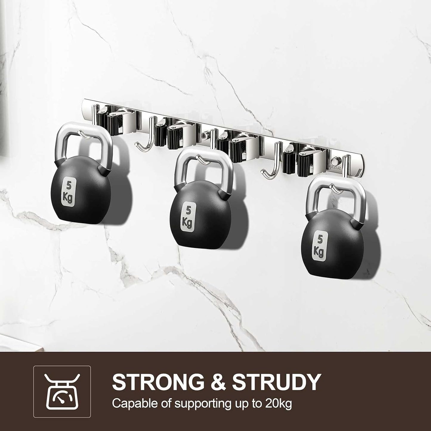 2 Pack Broom Holder Wall Mount, Stainless Steel Broom Hanger Wall Mount, Heavy Duty Mop and Broom Holder Tool Racks Utility Hooks for Laundry Room Garden Garage, Black (5 Racks and 4 Hooks)