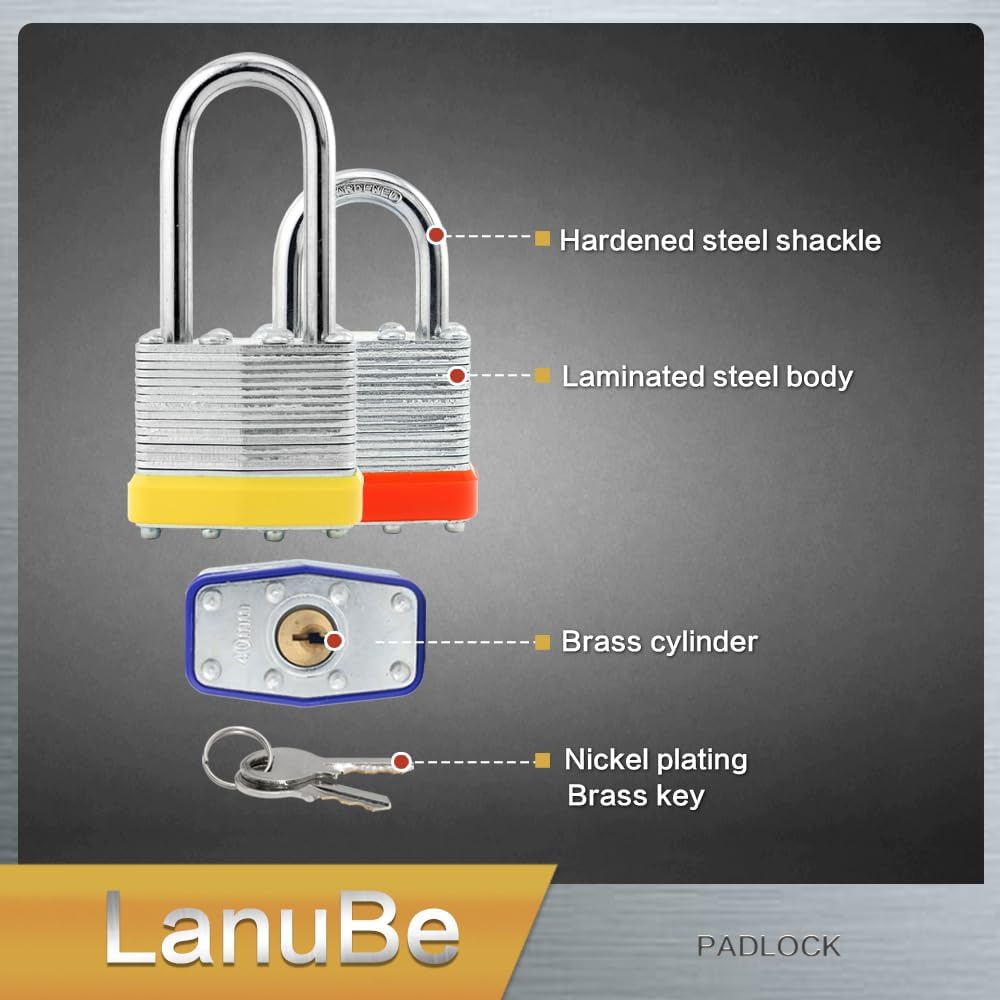 Lanube Lock 12-Pack Laminated Keyed Padlock Set 3 Colors, 2 Short 2 Long Shackles per Color,The Same Color and Shackles Combination. Open with The Same Key.6 Independent Combinations.