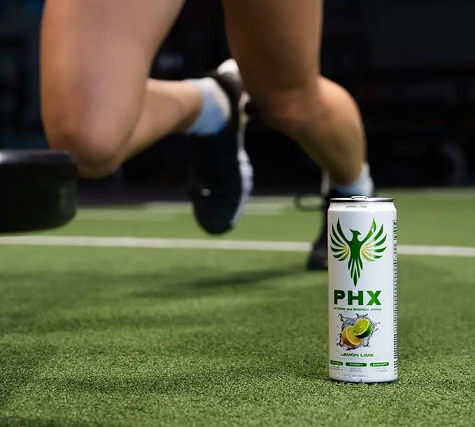 PHX Hydration Energy Drink - 700mg Electrolytes, 200mg Natural Green Tea Caffeine, 100% Daily Value 8 Essential Vitamins - 12 oz Cans (12 Pack) (12 Pack, Lemon Lime)