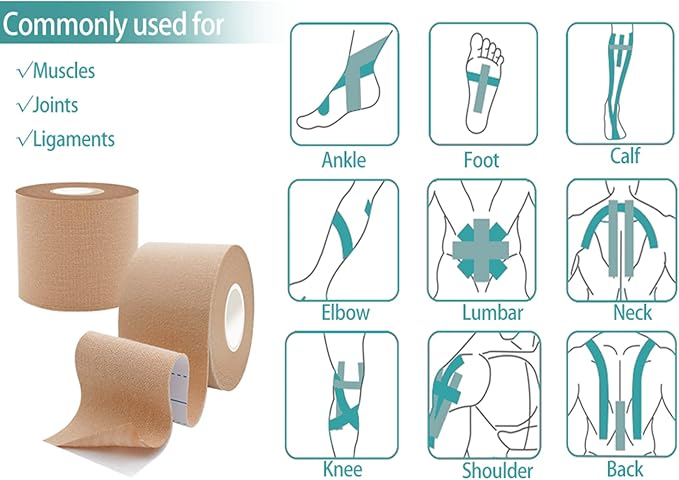 Dimora Uncut Kinesiology Tape, Original Cotton, 16' Elastic Athletic Tape for Muscle Pain Relief and Joint Support, 4 Rolls, Beige