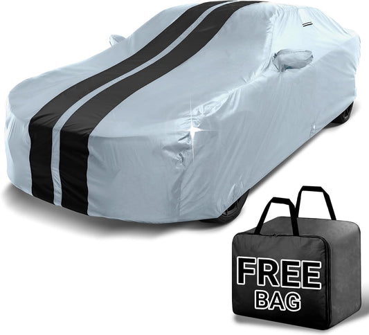 iCarCover Custom Car Cover for Chevy Sonic Sedan (2012-2020) Waterproof All Weather Rain Snow UV Sun Protector Full Exterior Indoor Outdoor Car Cover (Stripe - Gray/Black)