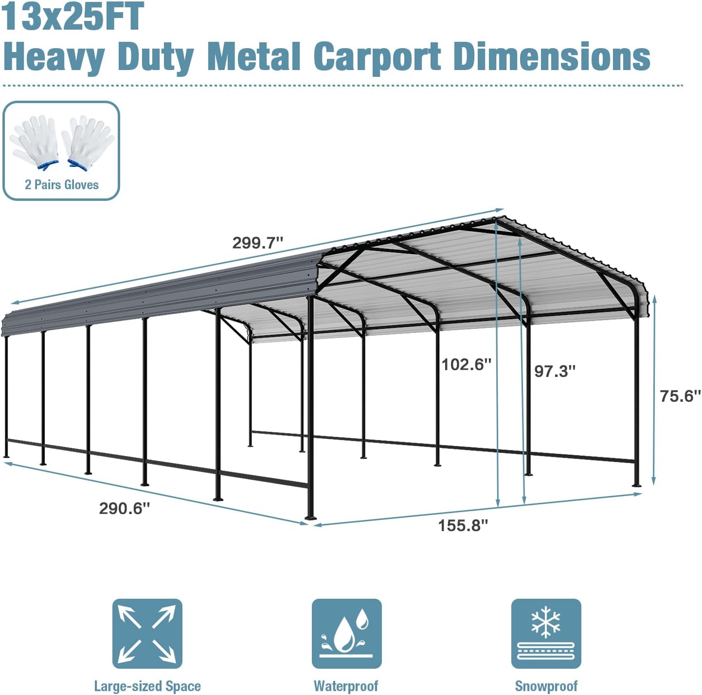EBE 13' x 25' Metal Carport, Outdoor Steel Carport Canopy with Galvanized Steel Frame and Roof, Heavy Duty Garage Shelter Shade for Cars, Boats, and Truck