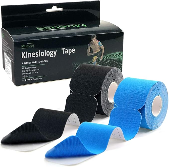 MUEUSS Kinesiology Tape Elastic Cotton Athletic Tape Precut Strips,Waterproof Tape for Protects Muscles,Knees,Shoulders Plantar Fasciitis Pain Relief,Pregnancy Belly Tape (2rolls Black&Blue)