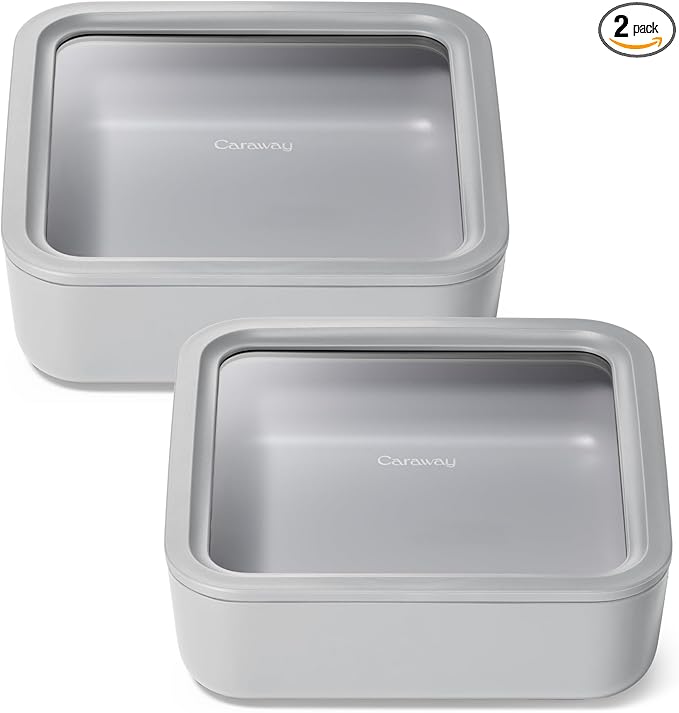 Caraway 2pc Glass Food Storage Set - 10 Cup Food Containers (2) - Ceramic Coated - Non Toxic, Non Stick Lunch Box with Lids. Dishwasher, Oven, & Microwave Safe - Gray