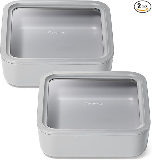 Caraway 2pc Glass Food Storage Set - 10 Cup Food Containers (2) - Ceramic Coated - Non Toxic, Non Stick Lunch Box with Lids. Dishwasher, Oven, & Microwave Safe - Gray