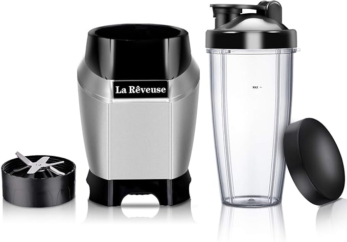 La Reveuse Personal Blender for Shakes and Smoothies 1000 Watt with 24 oz BPA-free Portable Travel Bottle, Dishwasher Safe (Silver)