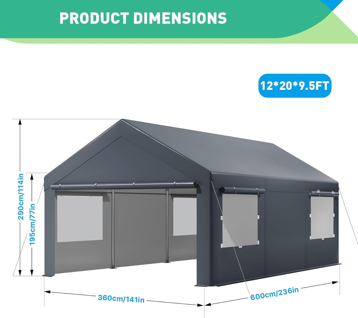 12X20 Ft Heavy Duty Carport Canopy, Portable Garage, Car Tents, Easy to Assemble, Reinforced Structure, with Hanging Edge, Applicable to Car, Bike, Boat, Party (Gray)