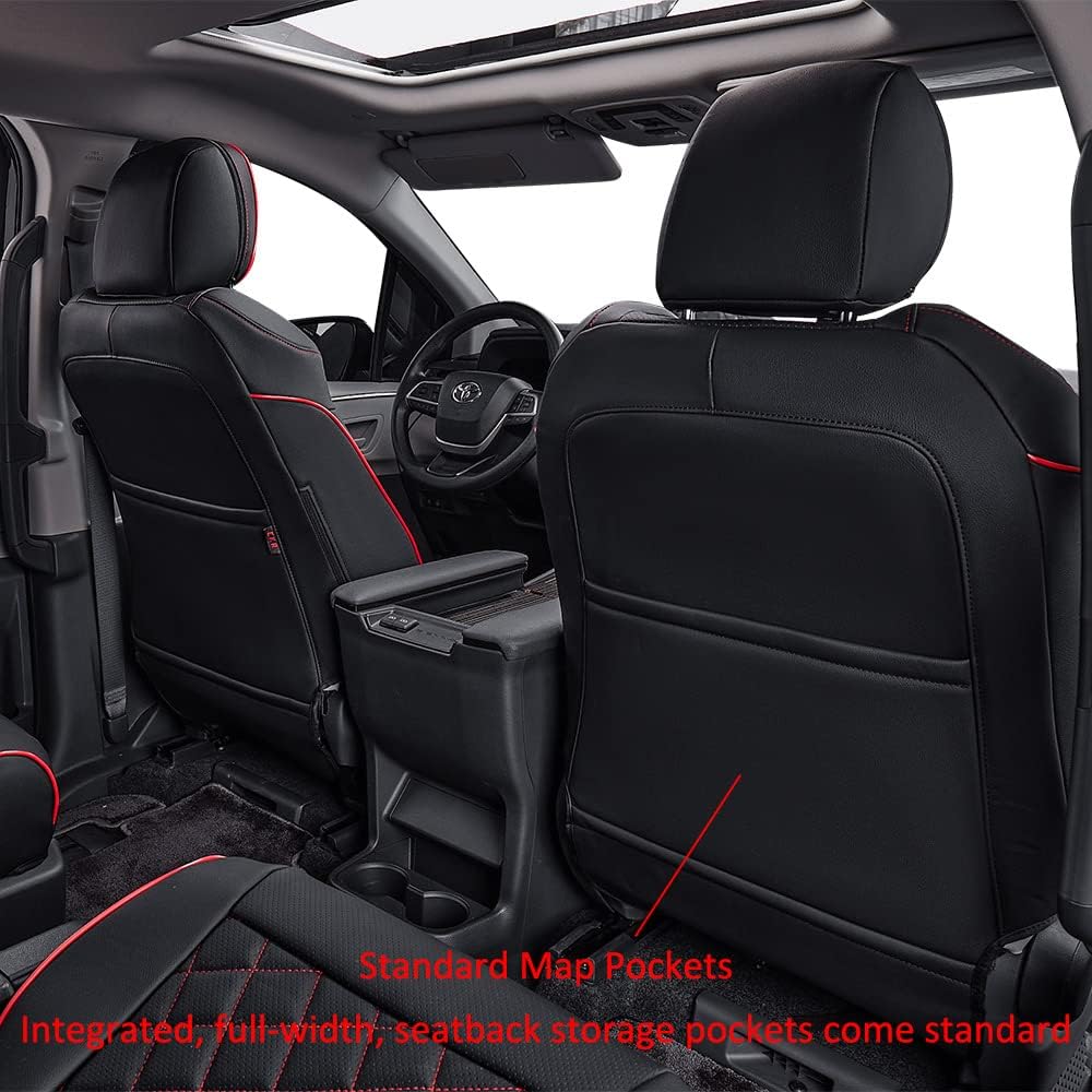 EKR Sienna Seat Covers for 2021-2025 Toyota Sienna XLE,XSE,Limited,Platinum,7 Seats,2nd Row Captain Chairs W/NO Legrest,Leather Seat Covers Full Set,Car Seat Protectors(Black with Red Piping)