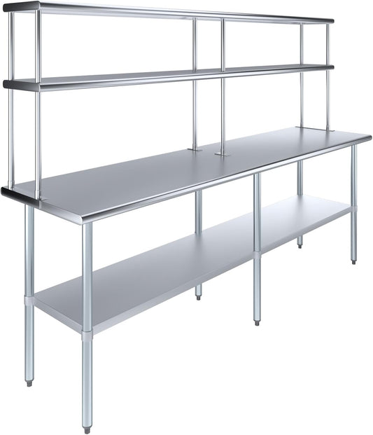 Amgood Stainless Steel Work Table Double Tier Overshelf | Metal Kitchen Prep Table & Shelving Combo (24" x 96" Work Table + 12" Overshelf)