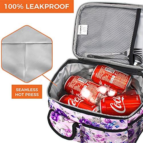 opux Lunch Bag Women Insulated, Adult Lunch Box Cooler, Flower Lunch Box, Dual Compartment Lunchbox for Work, Leakproof Double Decker Lunch Bag, Soft Lunch Pail Tote Girls Kids School, Floral Purple