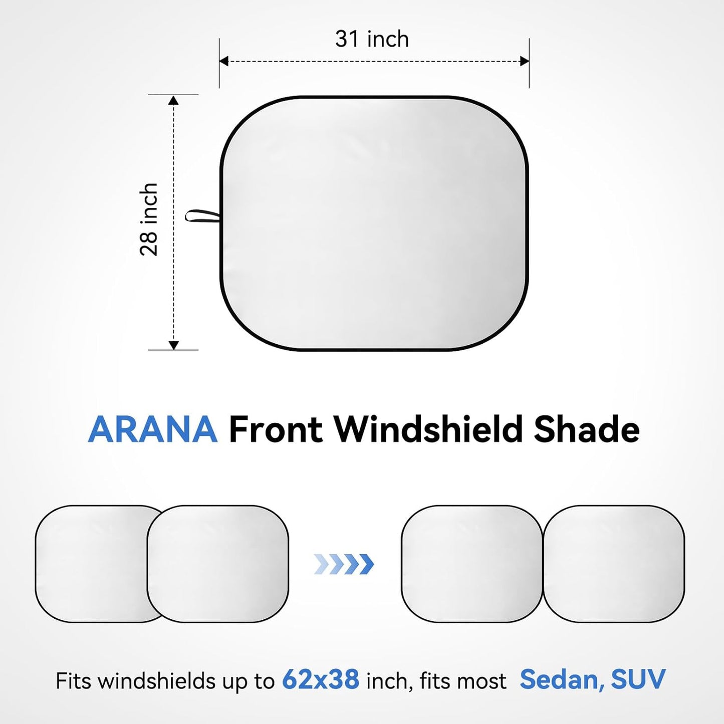ARANA Car Windshield Sun Shade 2 Piece丨240T Thickened Front Window Sunshades Blocking 99% UV & Heat丨2025 Upgrade Sun Visor Keeps Car Cool丨Universal Fit for Sedan, SUV, Truck, Medium 31"x28"
