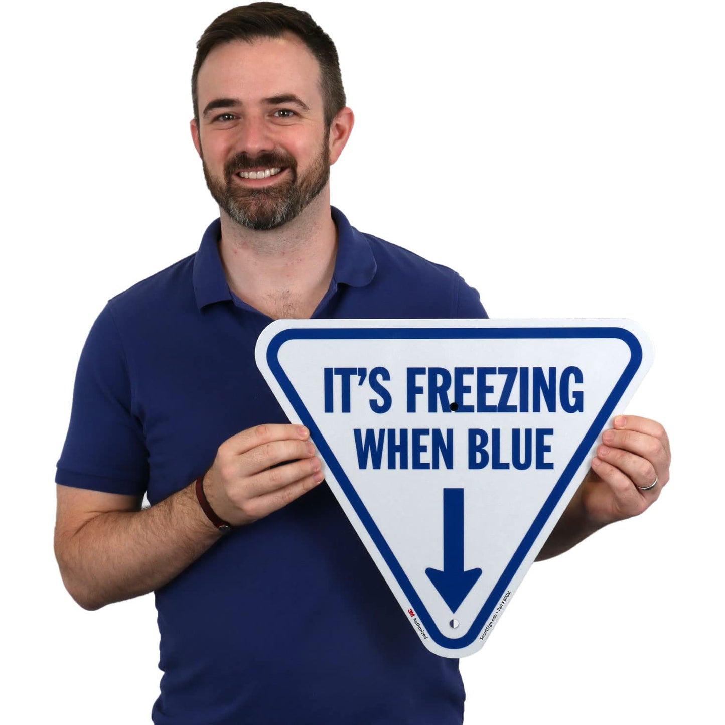 SmartSign It's Freezing When Blue Inverted Triangular Sign with Down Arrow - 18 inch, 80 mil Aluminum, 3M Laminated Engineer Grade Reflective Material, Blue and White, Made in USA