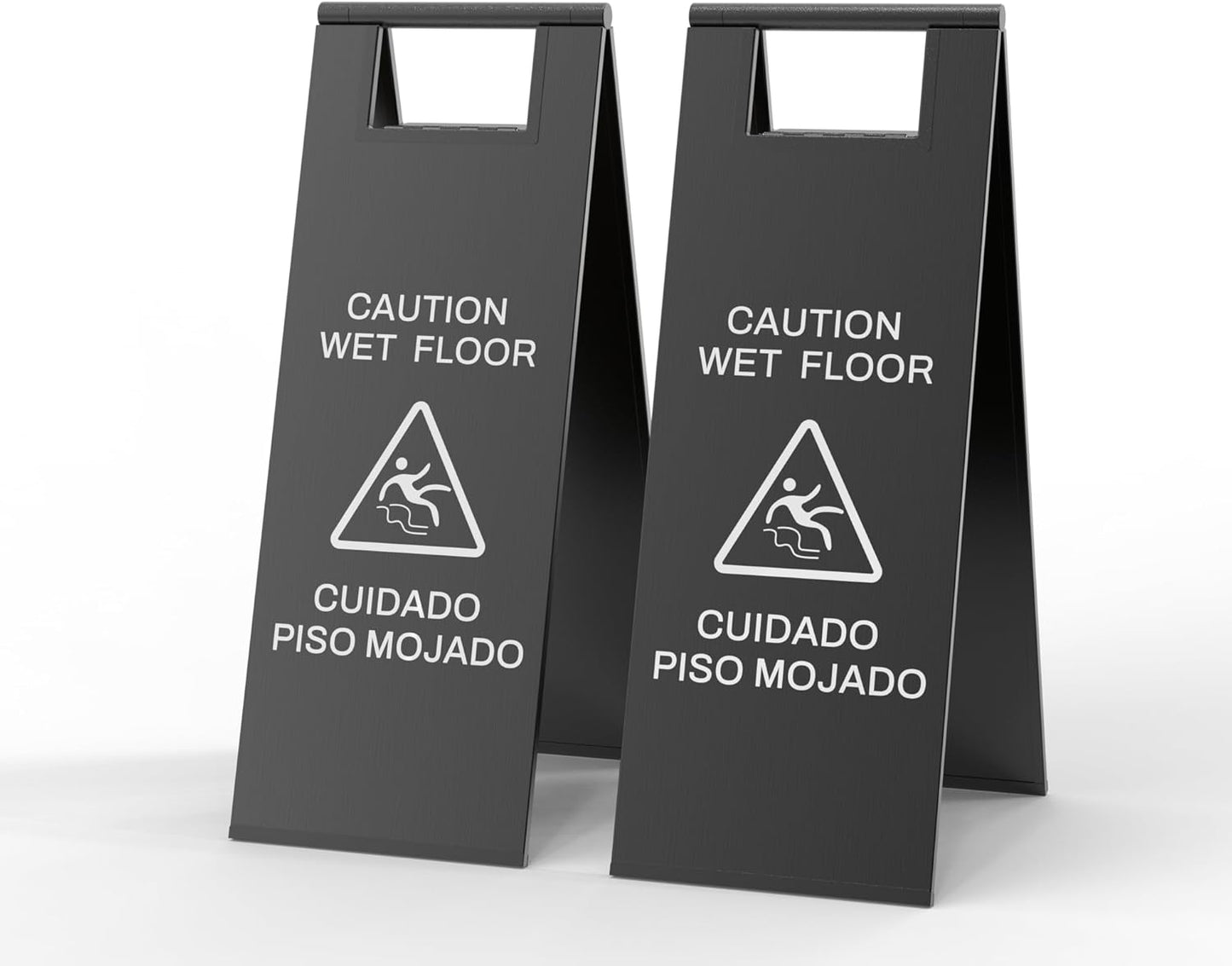 Stainless Steel Wet Floor Sign 2 Pack, 24 Inch Double-Sided Foldable Caution Sign with Handle, 8.8 lb Bilingual Warning for Restaurant, Office, Commercial Cleaning Use, Black