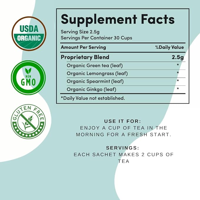 AutoimmuniTea –- AIP Energy Tea Blend, for Energy Boost, Cognitive Function, with Organic Green Tea, Lemongrass, and Spearmint - 15 Tea Bags (30 Cups)