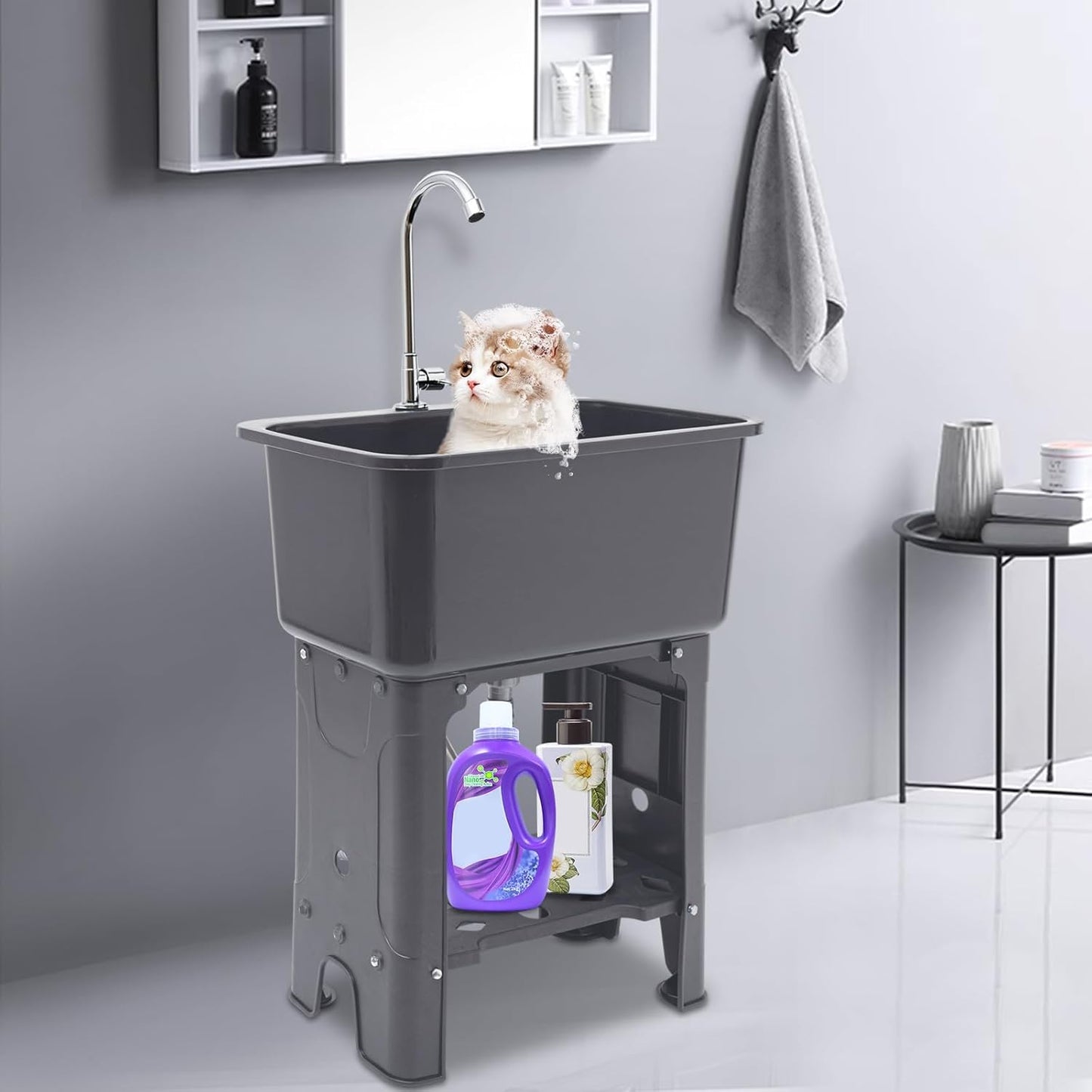 Free Standing Utility Sink with Washboard Laundry Tub Sink for Outdoor,Garage,Basement,Garden wuth Faucet,Drain,Storage Shelf (Gray, 23.6 * 15.8 * 30.1in)