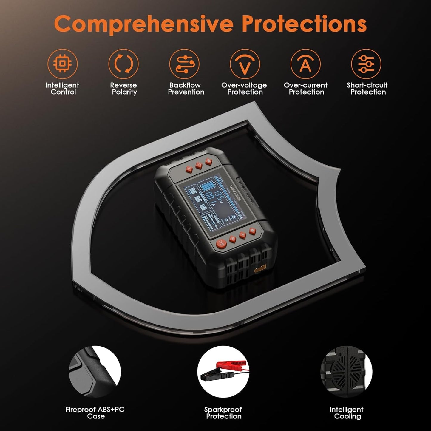 WAVLINK Smart Battery Charger, 20-Amp, Car Battery Charger with LCD Display, for 6V/12V/24V Lead-Acid/Lithium/LiFePO4 Batteries, Trickle Battery Maintainer and Desulfurizer for Car, Boat, Motorcycles