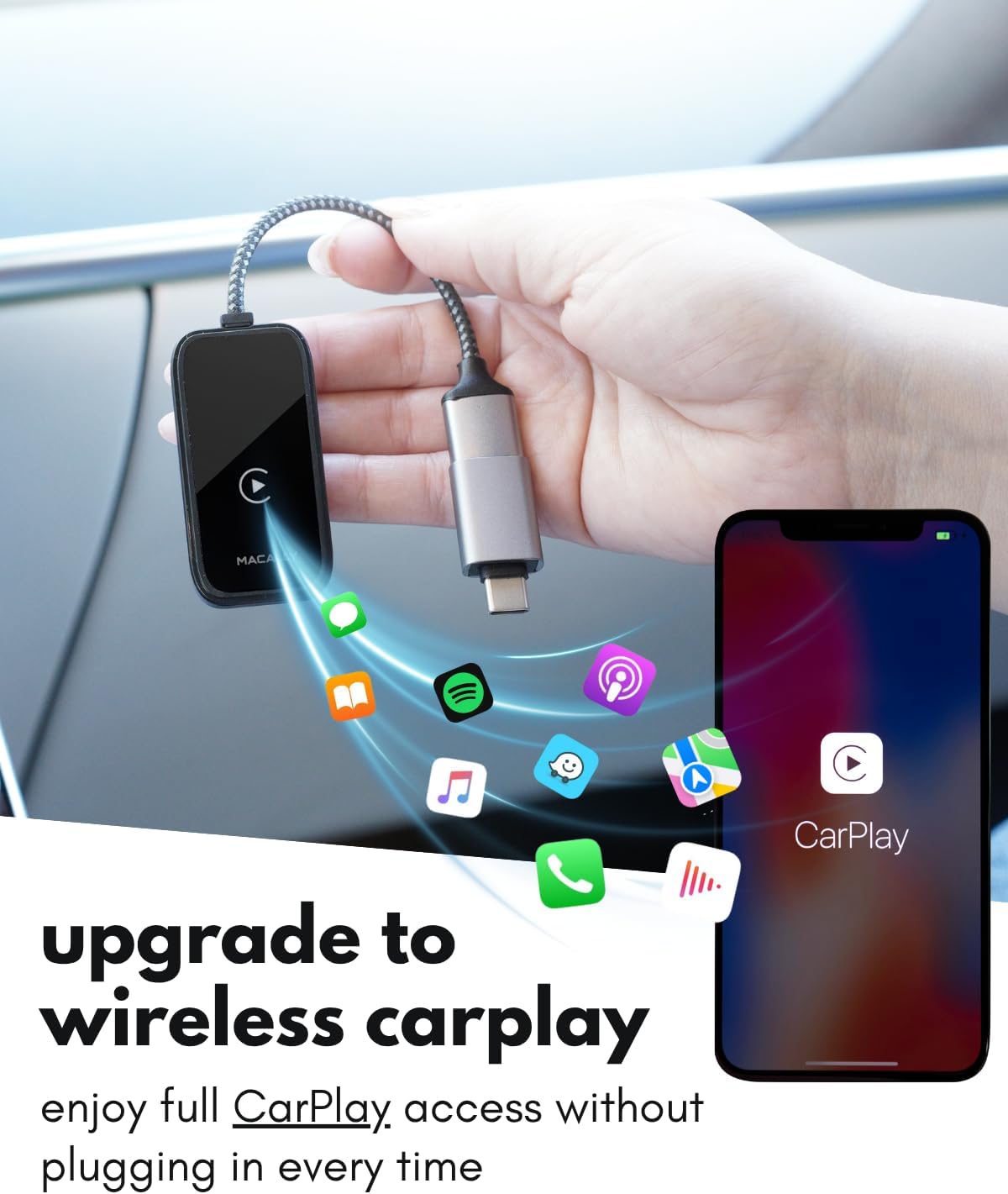Wireless CarPlay Adapter for iPhone - Go Cordless in Seconds, Seamless, Crisp Sound, Bluetooth/WiFi - USB Apple Car Play Wireless Adapter for iPhone 6 or Newer, 2017 Cars or Newer, USB C + A
