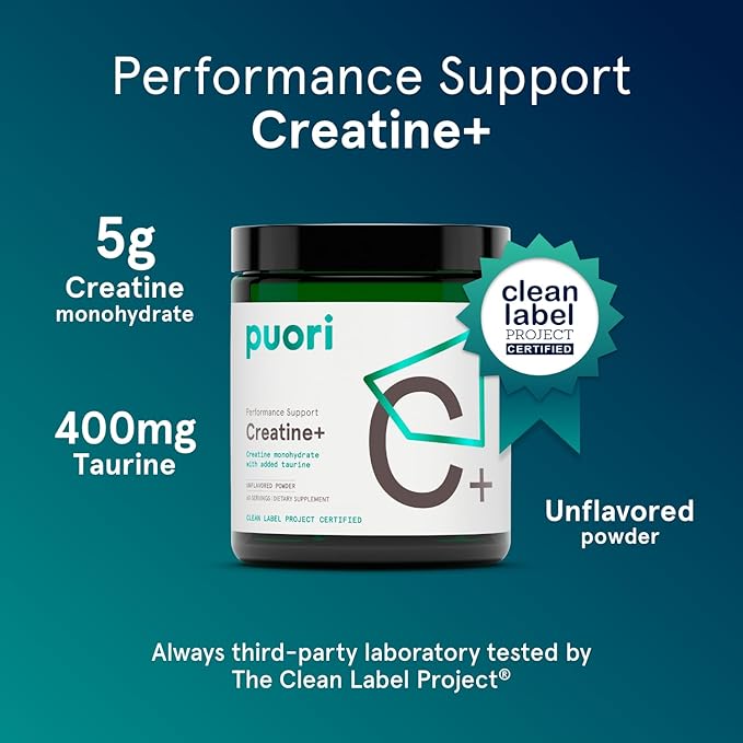 Puori Creatine Monohydrate Powder with Taurine - Unflavored Creatine Powder, Pre-Workout Supplement for Men & Women - Muscle Builder, Enhanced Workout Performance & Strength Building - 60 Servings