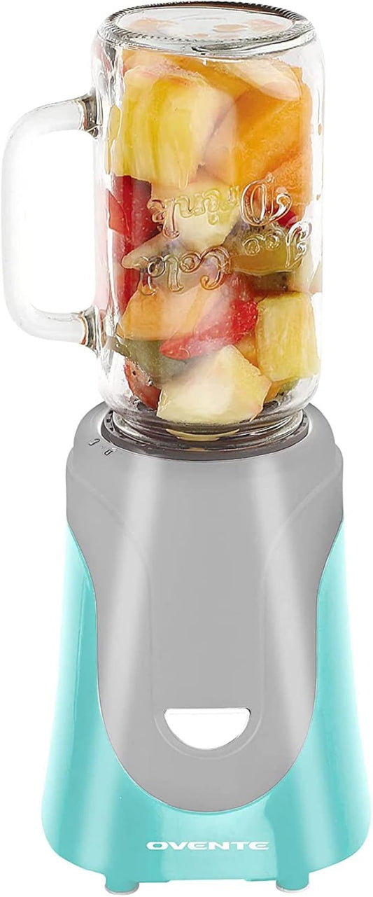 OVENTE Retro Personal Blender and Smoothie Maker with 18 Oz Mason Jar, 300W Base, Stainless Steel Blades, BPA-Free and Dishwasher Safe Container, Includes Reusable Straw and Lid, Turquoise BLH1002T