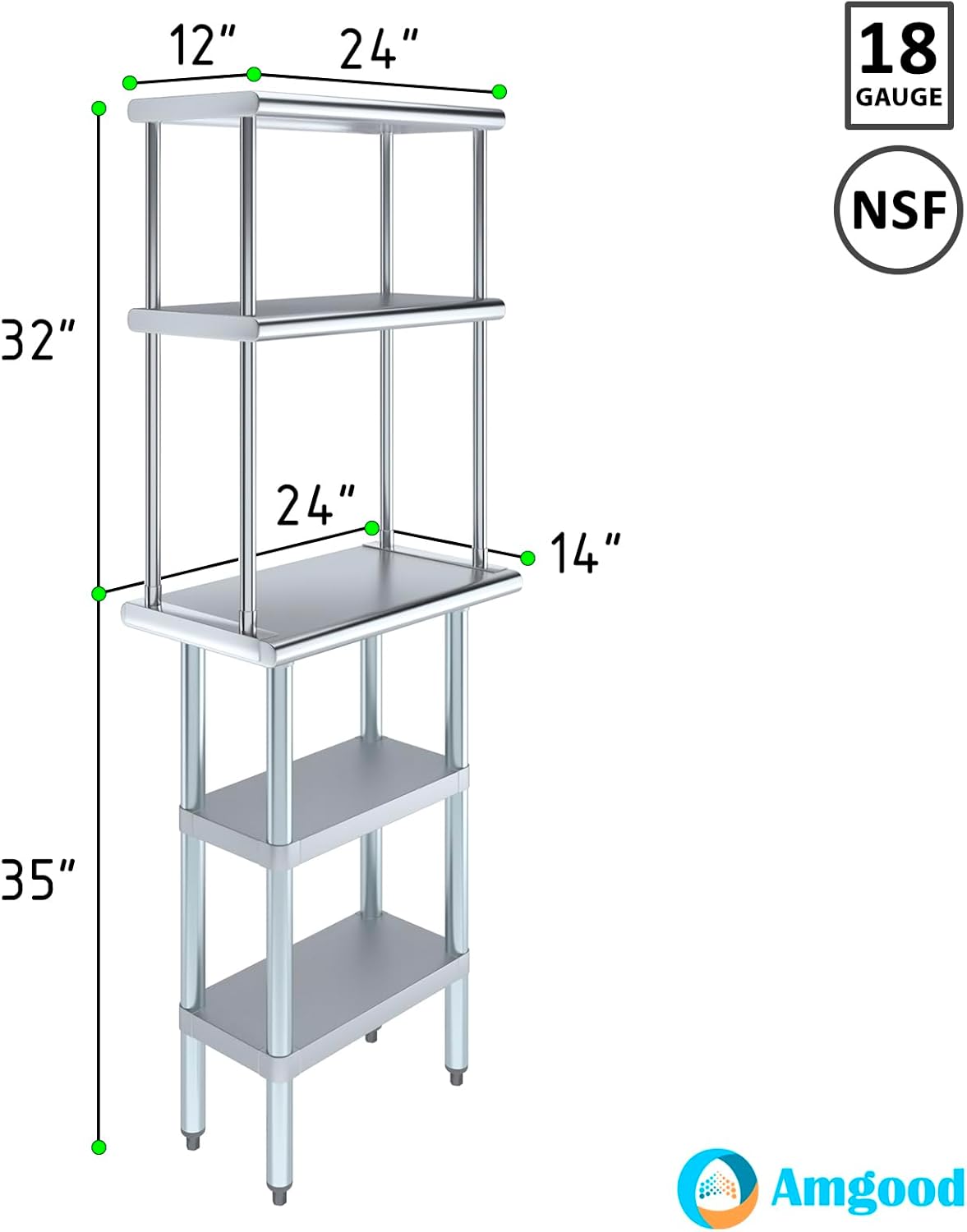 Amgood Stainless Steel Work Table with 2 Shelves and 12" Overshelf - Metal Kitchen Prep Table & Shelving Combo (14" x 24")