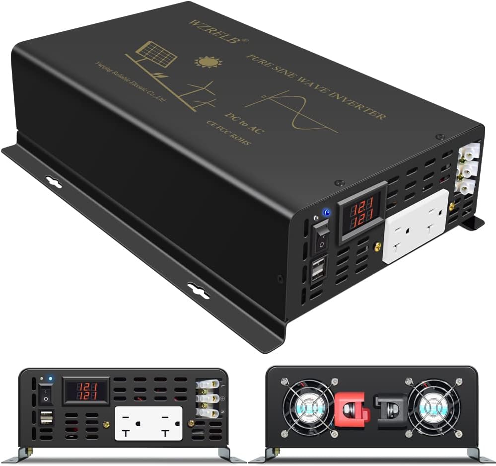 WZRELB 2500W Pure Sine Wave Power Inverter 12VDC to 120VAC 60HZ Dual AC Outlets 2× 2.4A USB Port&Hardwire Terminal Off-Grid Solar Converter RV Trucks Home