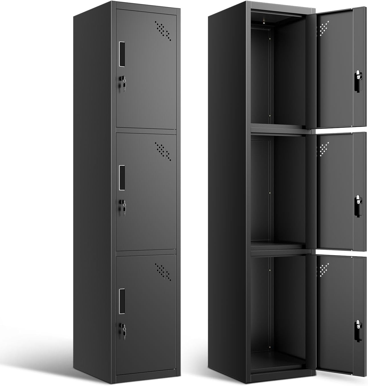 DNA MOTORING Metal Storage Cabinet for Employees with Keys, 71" Employees Metal Locker with 3 Doors, Tall Storage Lockers for Garage,Office,Home,Gym, Black, TOOLS-00789-BK-BK