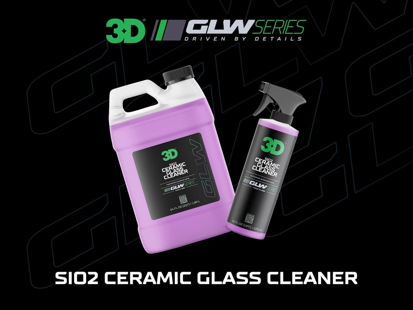 3D SiO2 Ceramic Glass Cleaner, GLW Series | Water & Rain Repellent | All-Weather Protective Ceramic Glass Cleaner | Safe for Tinted, Non-Tinted Windows & Mirrors | DIY Car Detailing | 64 oz