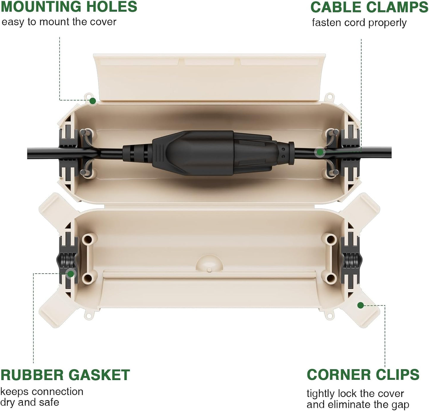 Flemoon [3 Pack] Outdoor Extension Cord Cover Waterproof, Weatherproof Electrical Connection Box for Straight Plug, Outlet, Socket, Halloween, Christmas Holiday Decoration String Light, Almond