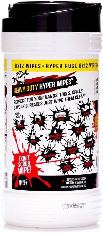 Hyper Wipes, 6 Pack Heavy Duty Hand & Tool Cleaning Wipes, 8"x12" Size Multi-Surface Cleaning Wipes, Degreasing, All Purpose Cleaner, Bathroom, Mechanic, Work Surface Wipes, 540 Count Canister