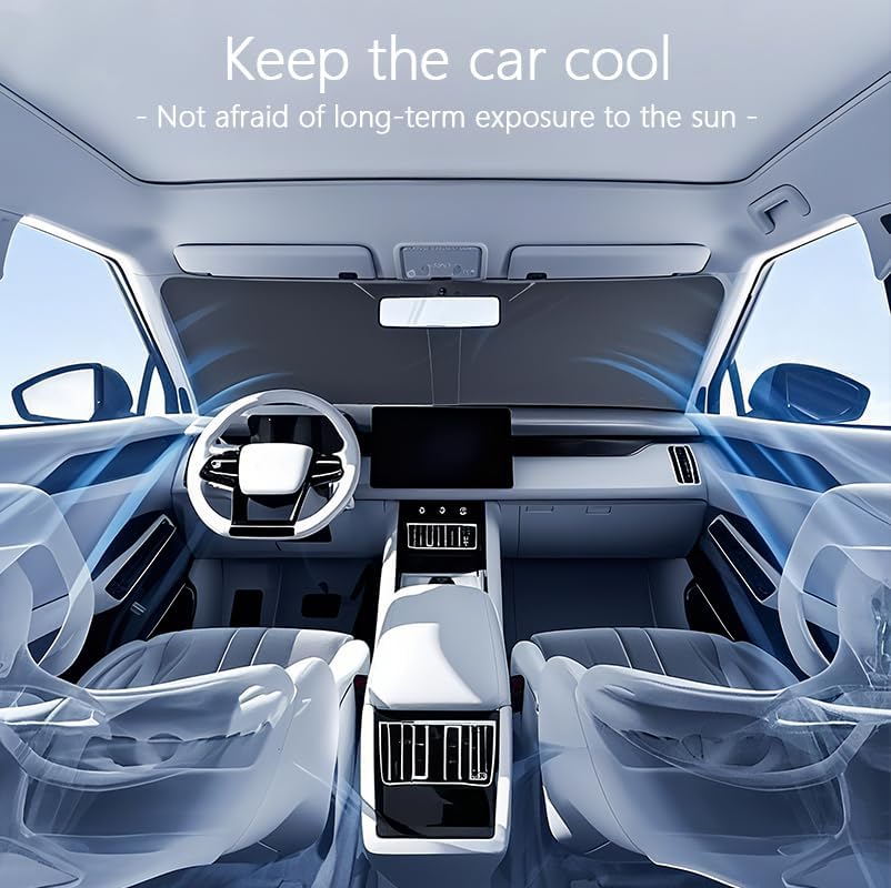 Car Windshield Sun Shade,Foldable Reflective Sun Visor,Sun Heat and UV Rays Blocker,210T Coated Silver Cloth Reflective Polyester