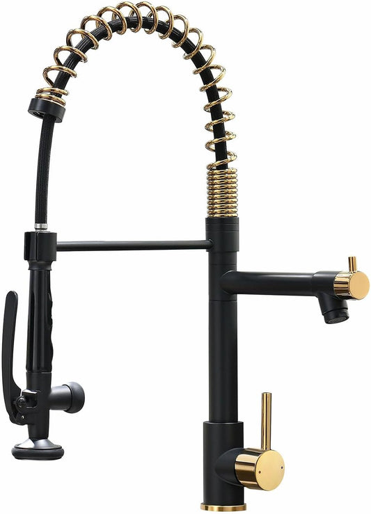 Fapully Black&Gold Kitchen Faucet with Sprayer,Commercial Pull Down Kitchen Faucet for Kitchen Sink