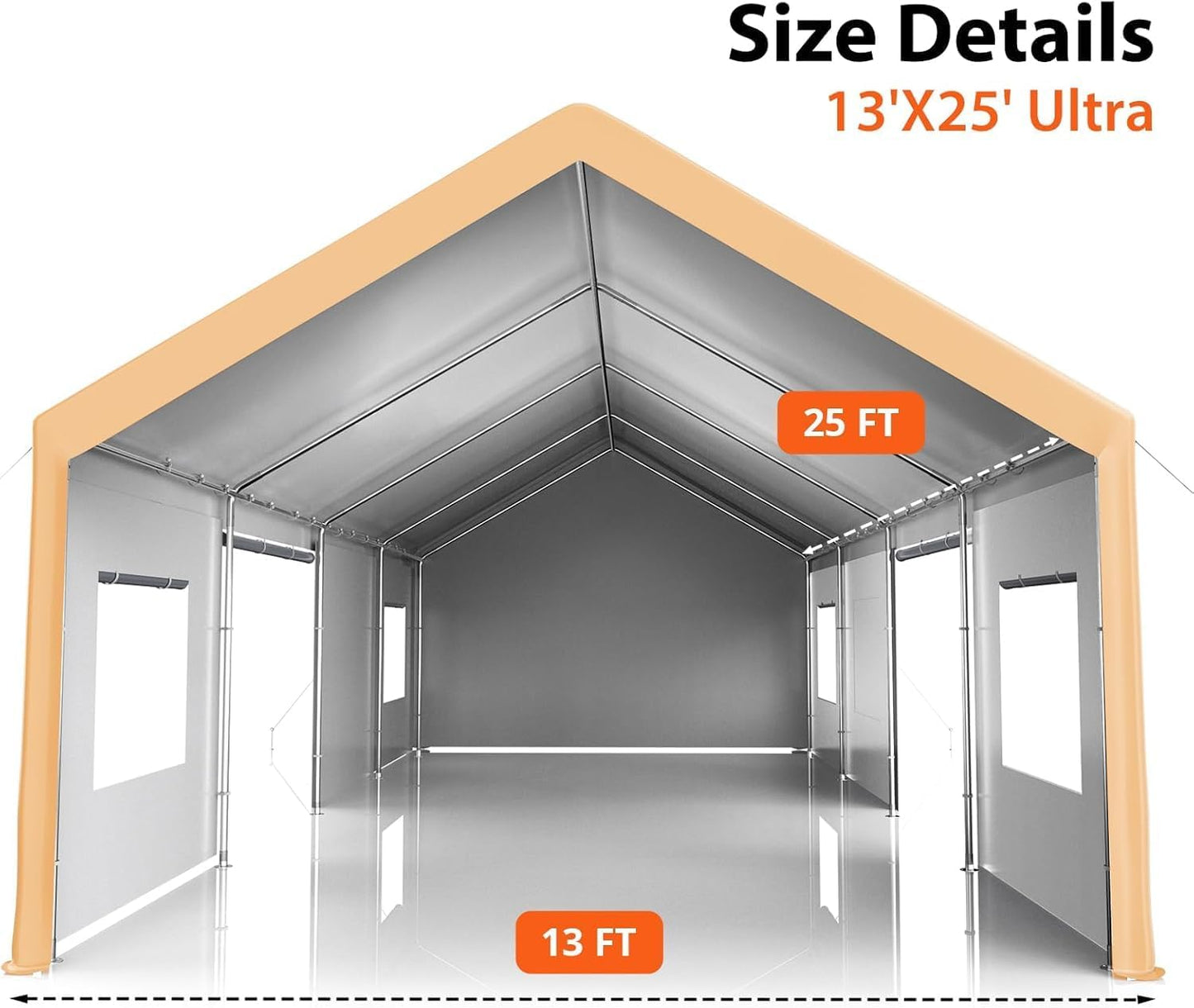 Heavy Duty Carport 13x25 FT Oversized Portable Garage with 4 Doors & 4 Windows, Reinforced Frame, All Weather Protection Outdoor Shelter Canopy for Cars, Boats, Trucks, BBQ and Gatherings (Yellow)