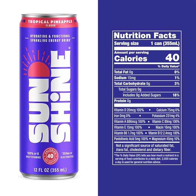Sunshine Sparkling Energy Drink, Tropical Pineapple with Daily Essential Vitamins, 360mg of Electrolytes, 70mg of Natural Caffeine, 12 Fl Oz (Pack of 12)