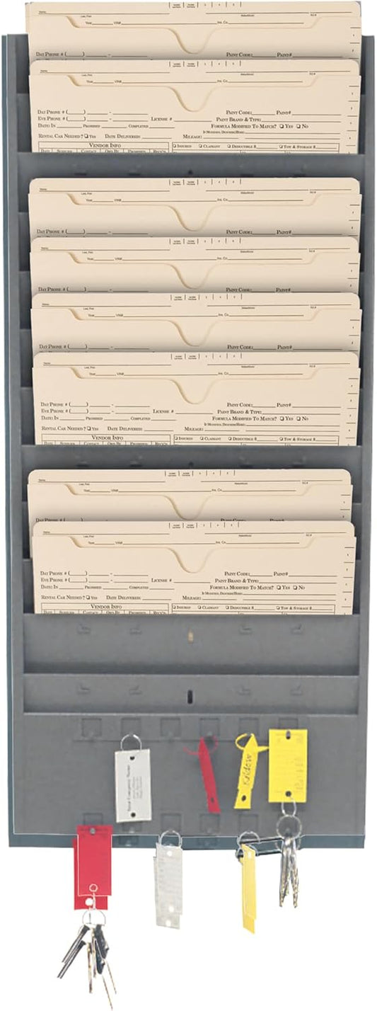 CHAMP® Repair Order Rack with Key Hanger, Heavy-Duty 12-Pocket Alloy Steel Wall Mount Organizer with 12 Key Hangers, Ideal for Auto Workshops and Garages - Gray