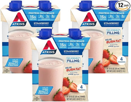 Atkins Strawberry Flavored Protein Shake, High Protein, Low Glycemic, Low Sugar and Low Carb, Keto Friendly, Gluten Free, 12 Count